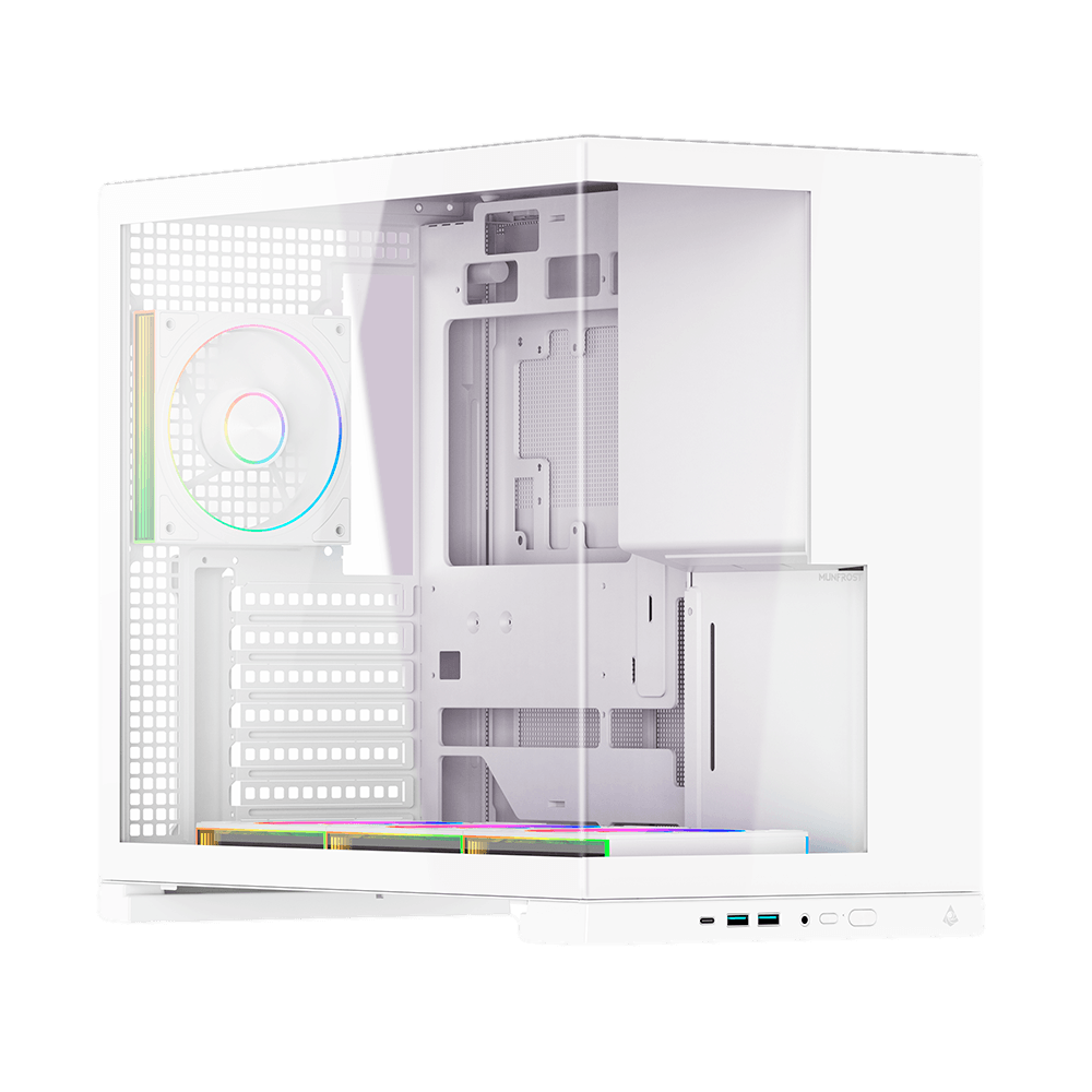 Gabinete Munfrost Flow / Media Torre / Diseño Panorámico / 4 Ventiladores ARGB + Control / Cristal Templado / Blanco / CGFLOWWMFT